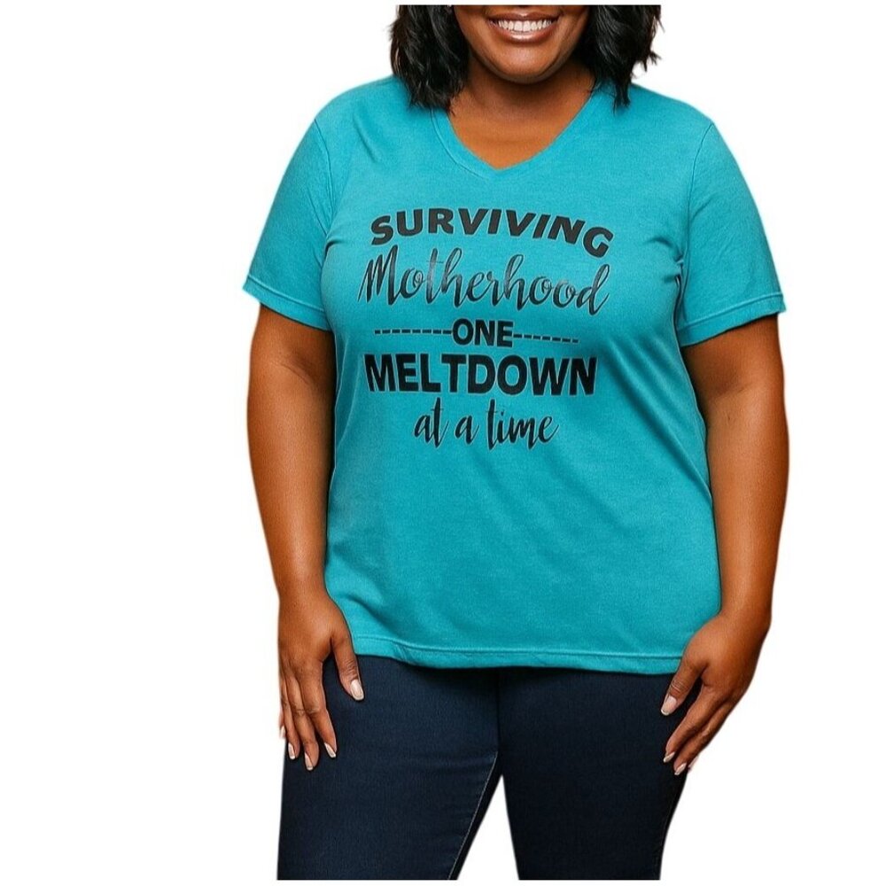 Surviving Motherhood Size XL  Top Graphic V-Neck T-Shirt Blue Heather Casual